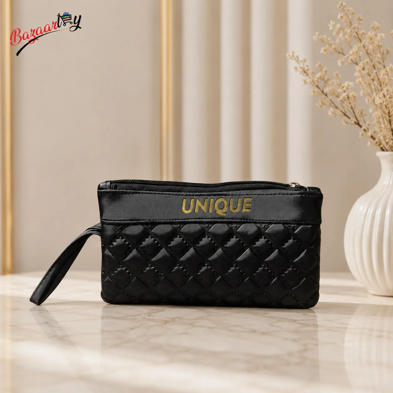 Elegant Black Quilted Wristlet Pouch for Women – Unique Zipper Clutch Bag